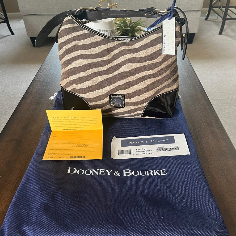 Dooney & Bourke Small Brown Tmoro Zebra Print Nikki Bag w/ Registration Card